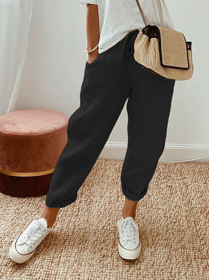 Pantalons décontractés unis avec cordon de serrage et poches intégrées