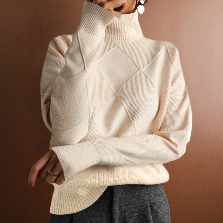 Pull long d'hiver à manches longues en motif losange avec col roulé