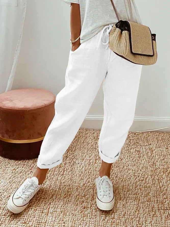 Pantalons décontractés unis avec cordon de serrage et poches intégrées