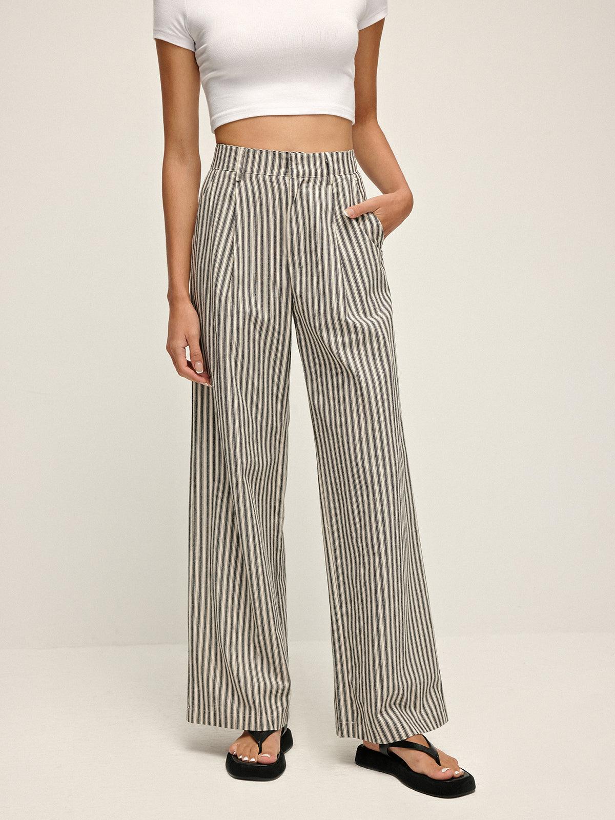 Rayé Pantalon Long à Taille Haute
