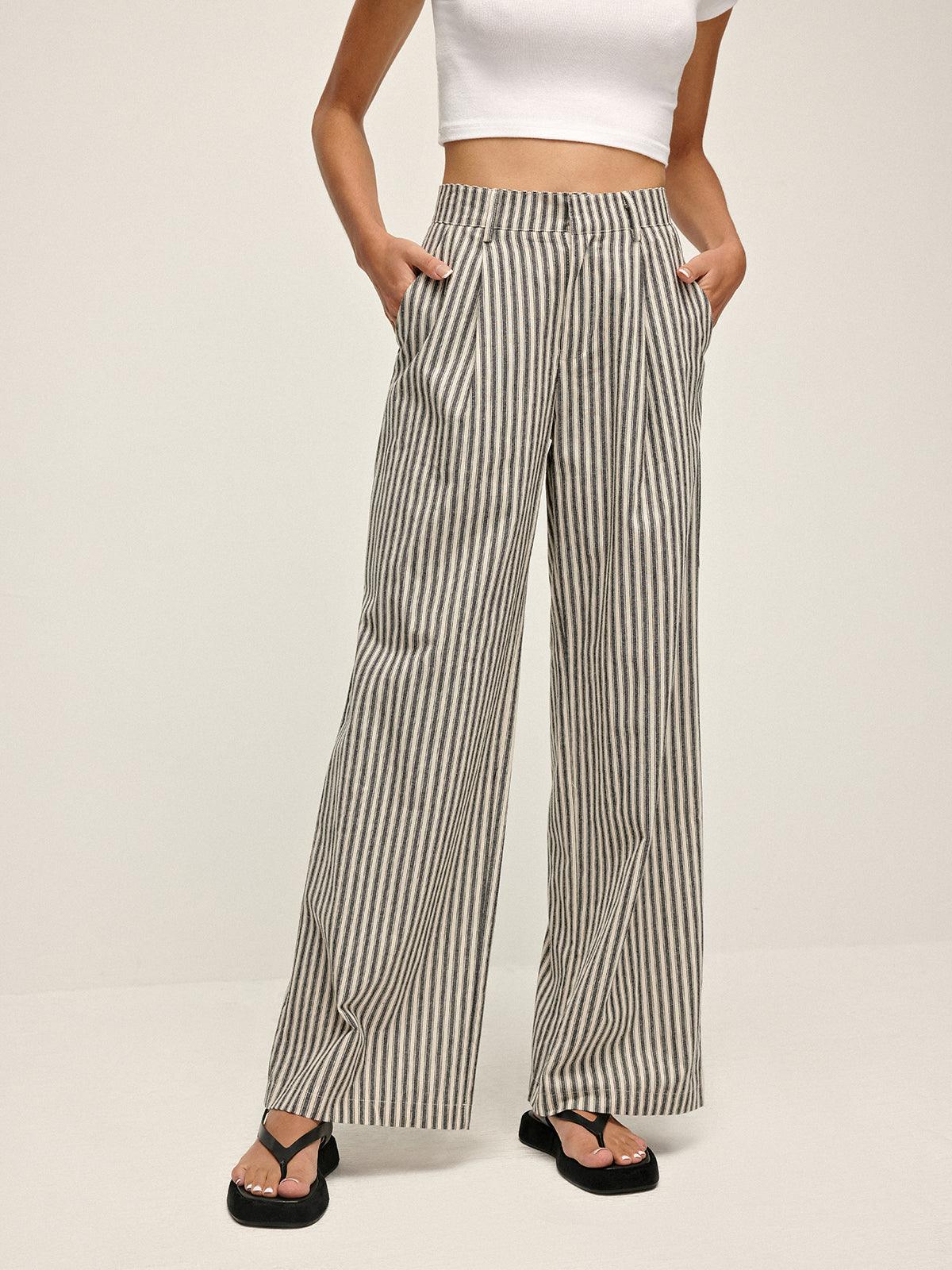 Rayé Pantalon Long à Taille Haute