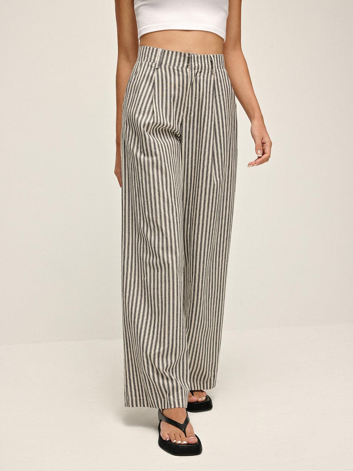 Rayé Pantalon Long à Taille Haute