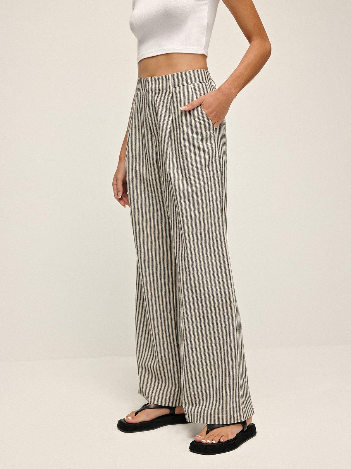 Rayé Pantalon Long à Taille Haute