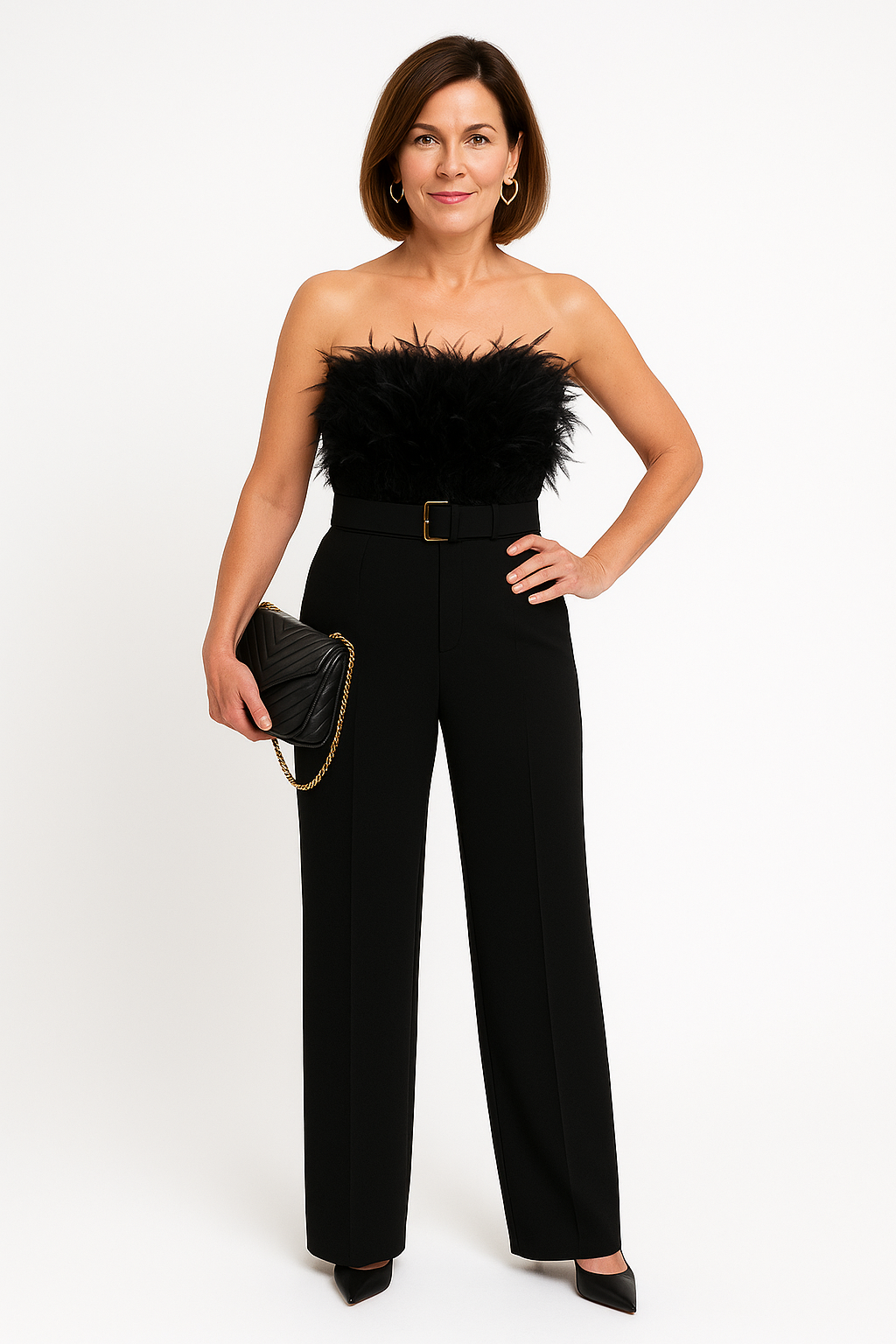 Combinaison Slim Sans Manches Sexy avec Épaules Nues et Détails en Plumes