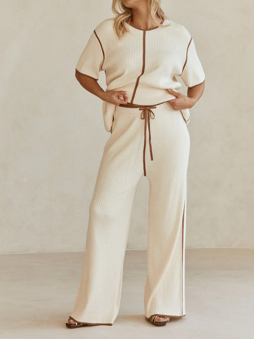 Pantalons larges en tricot à rayures crème