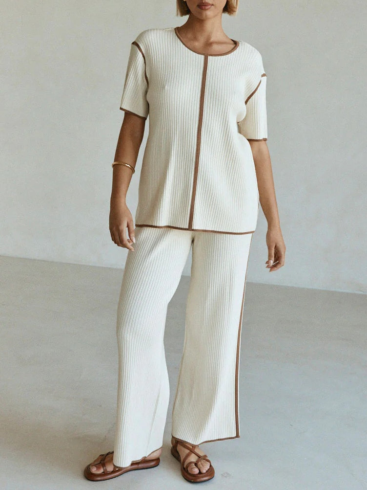 Pantalons larges en tricot à rayures crème