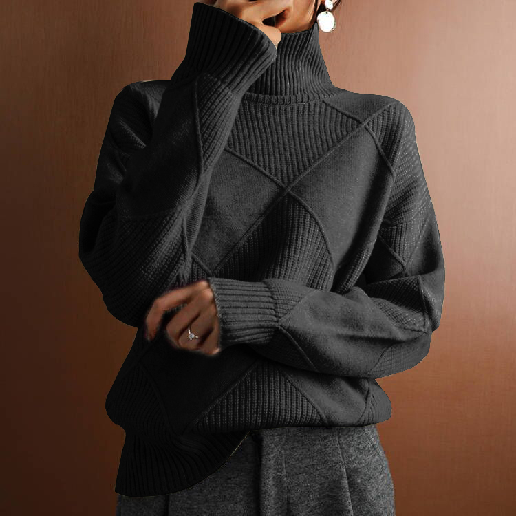 Pull long d'hiver à manches longues en motif losange avec col roulé