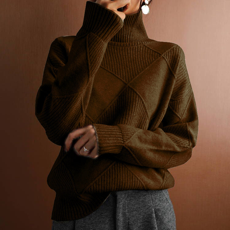 Pull long d'hiver à manches longues en motif losange avec col roulé