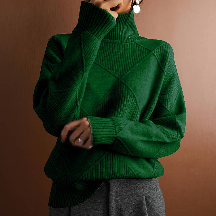 Pull long d'hiver à manches longues en motif losange avec col roulé