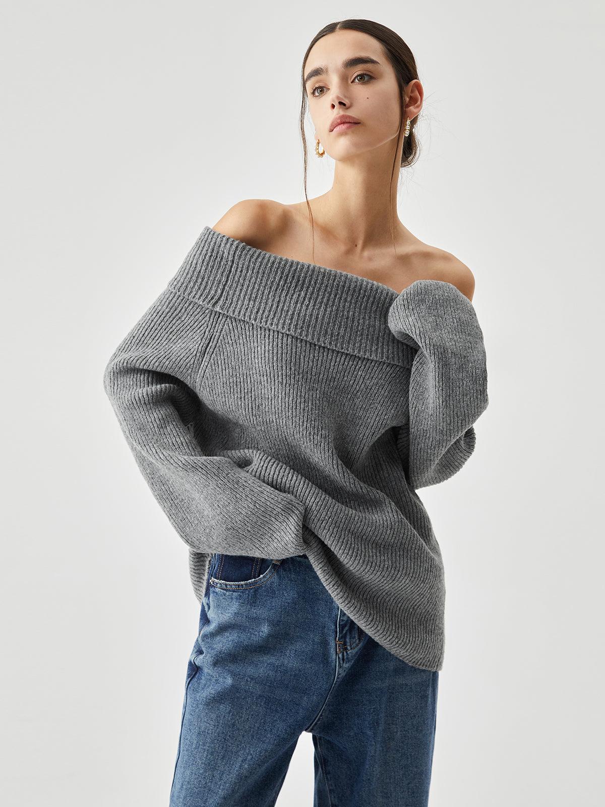 Pull Oversize Tricoté avec Épaules Dégagées