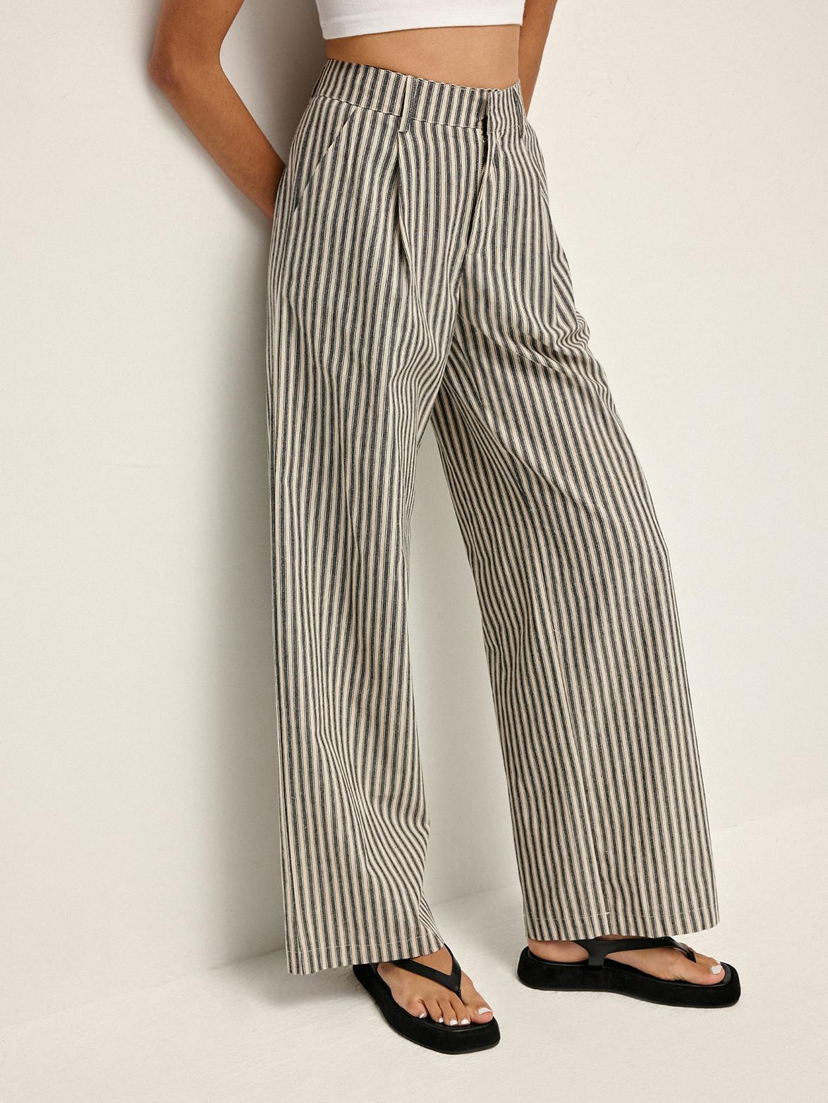 Rayé Pantalon Long à Taille Haute
