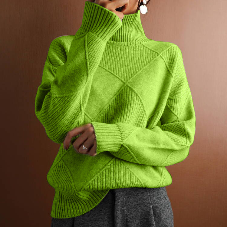 Pull long d'hiver à manches longues en motif losange avec col roulé