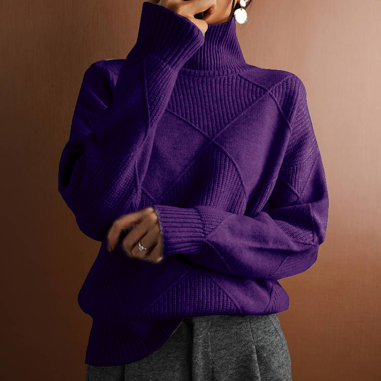 Pull long d'hiver à manches longues en motif losange avec col roulé